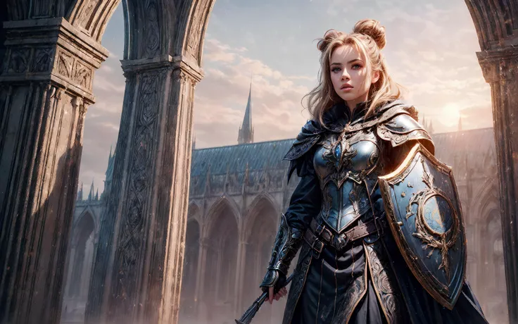 masterpiece, epic, majestic, best quality, very high resolution, 8k, hdr, digital photography, dynamic pose, Junoesque 20 years old female Tahltan witch, amber eyes, (light blonde hair, bun hair:1.1), looking at camera with a steely expression, solo, establishing shot, looking up, detailed background, detailed face, (<lora:GlyphTech:0.5>, symbols, hologram, glyphtech theme:1.1), sentry, standing firm, resolute, shield, gauntlets, coat of arms, turrets in background, fortified, wind blowing, sunrise, medieval atmosphere,, (iridescent:0.7), (transparent:0.8), (translucid:0.8), (reflection:0.6), (refraction:0.3), (diffraction:0.3), (caustics:0.3), volumetric lights, volumetric shadows, (subsurface scatering:0.4), physically based rendering, (intricate details:1.3), hyperdetailed, ultrarealistic, (sharp focus:1.2) <lora:hyperdenoiser_v090:1.5> <lora:add_detail:1.5>