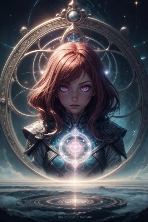 (extremely detailed:1.3), (masterpiece:1.3), illustration, Intricate illumination, Fine shadows, sharp focus, ((best quality)), <lora:more_details:1>, <lora:sharpen-soften:-0.5>, <lora:realistic:0.5>,
<lora:GoodHands-beta2:0.8>,
1 girl, adult (elven:0.7) woman, pink eyes, auburn fringe hair, ombre,
Style-GravityMagic, solo, half shot, looking up, detailed background, detailed face, (<lora:GlyphTech:0.5>, glyphtech theme:1.1), ancient oracle, (glowing eyes:1.1), serious, dynamic pose, strings of fate, white robes, mirror, cosmic skyscape in background, magical lighting, whispers of wind, ethereal atmosphere, epic composition,