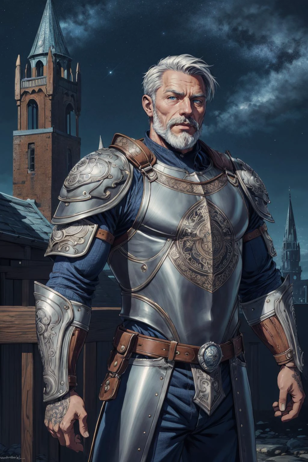 (inked original-art:1.2), (lineart:1.31), (fine-details:1.3), RAW-format, (depth), <lora:add_detail:0.5> <lora:realistic:.4>
(1man, old male:1.2), blue eyes, graying hair, fade with mustache,
solo, upper body, looking at viewer, detailed background, detailed face, (<lora:GlyphTech:0.5>, glyphs, glyphtech theme:1.1), guard, standing firm, unyielding, leather armor, emblem, tower in background, fortified, starry sky, medieval atmosphere,