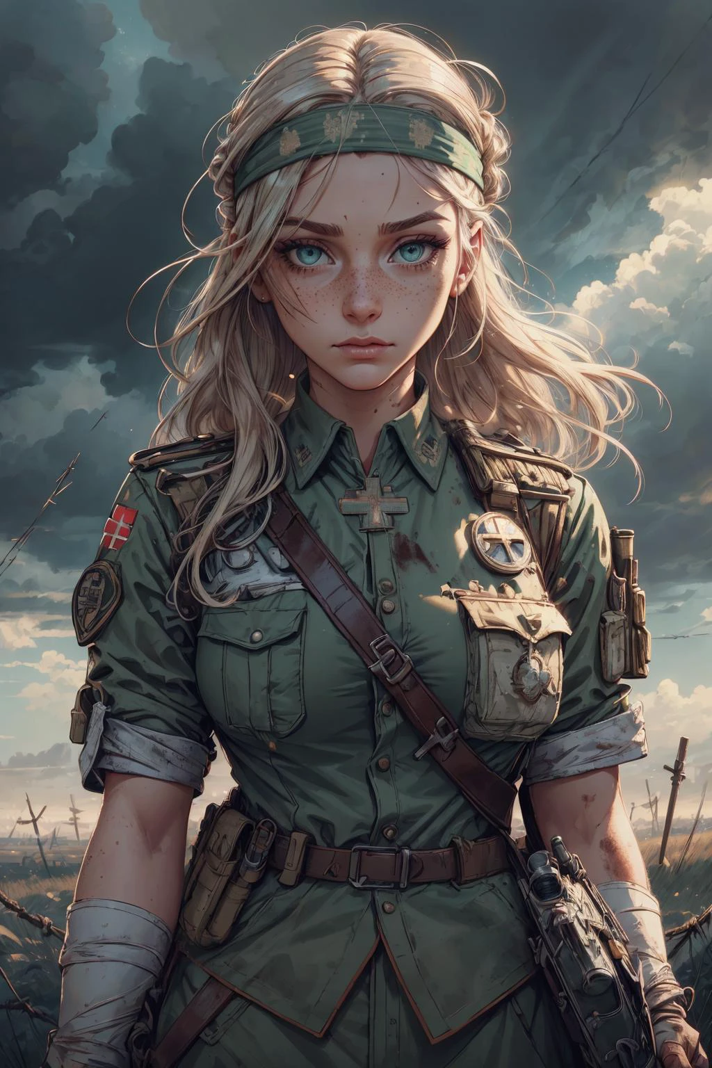 beautiful and detailed illustration, pop art, masterpiece, best quality, ultra-detailed, soft lighting, cinematic shot, vibrant colors, gorgeous colors, <lora:add_detail:0.3>, <lora:stylesqueeze_v2:0.5>,
1 girl, adult woman, freckles, amber eyes, white lob hair,
portrait, solo, upper body, looking down, detailed background, detailed face, (<lora:GlyphTech:0.5>, magic circle, glyphtech theme:1.1), battlefield-medic, intense expression, green military medic uniform, vest, headband, red cross, military insignia, medical bag, wound dressing, blood , running, war torn battlefield trench, barbed wire in background, under fire, thunder clouds, heroism, cinematic atmosphere,