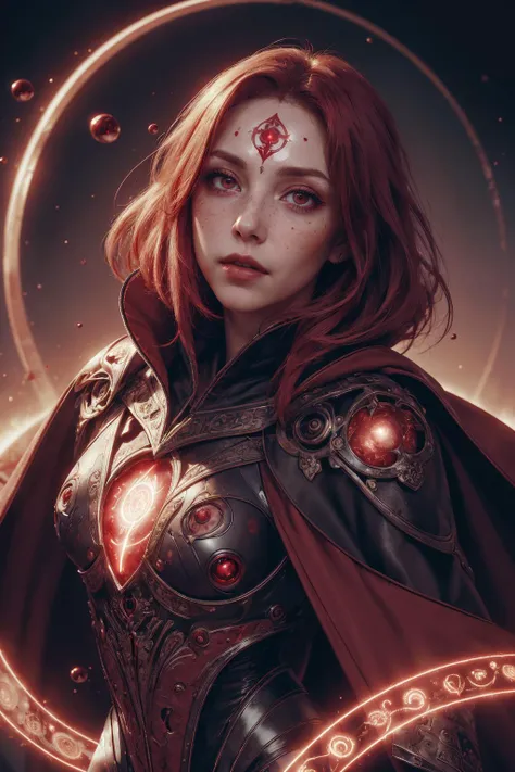 (masterpiece:1.1), (highest quality:1.1), HDR, extreme quality, cg, (negative space), detailed face+eyes, (bright colors), complimentary colors, limited palette,
1 girl, adult (elven:0.7) woman, freckles, black eyes, brown short hair,
(style-swirlmagic:0.9), looking at viewer, solo, upper body, detailed background, detailed face, (<lora:GlyphTech:0.5>, glyphs, hologram, magic circle, glyphtech theme:1.1), blood red eyes, pale complexion, scarlet hair, vampiric blood witch, scarlet robes, cape, hood, dynamic pose, intense gaze, scarlet glyphs swirling in the air, floating particles, blood droplets, blood spatters, blood swirls in background, arcane red energy, sunset, cinematic atmosphere,