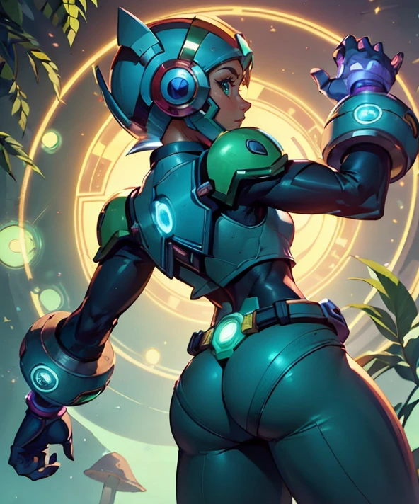 male superhero, <lyco:GoodHands-beta2:0.25> <lora:hadestyle_v2:0.4> focus on character, portrait, solo, (full body:0.6), looking at viewer, detailed background, detailed face, (<lora:GlyphTech:0.5>, symbols, glyphtech theme:1.1), botanist, planters, roots, magical plants, colorful plants, blooming flowers, glowing plants, greenhouse effect, floating plants, green magical energy, elemental magic, green color scheme, herbs, seeds, mushrooms, science, botanical laboratory in background, backlighting, magical atmosphere,, (in style of Mega Man video game:1.3), (caustics:1.3), Middle Eastern, back view, face portrait, looking at the viewer, in mid-forties, curious facial expression, mutton chops haircut, Bandholz beard