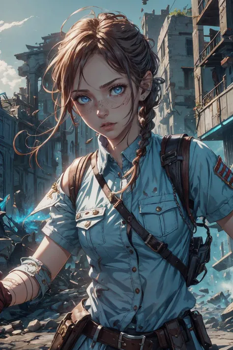 <lora:add_detail:0.5>, <lora:FZB_line_weights:0.4>, <lora:realistic:0.1>, <lora:sharpen-soften:-0.1>,
1 girl, adult (elven:0.7) woman, freckles, light blue eyes, ginger fishtail braid,
solo, upper body, looking at viewer, detailed background, detailed face, (<lora:GlyphTech:0.5>, glyphtech theme:1.1), battlefield-medic, calm, gray tattered military medic uniform, vest, belt, red cross, medical supplies, bandages, toruniquet, morphine, dirt , dynamic movement, ruined building, debris in background, floating particles, bullet shells, gunfire, intense action, wind blowing, adrenaline, cinematic atmosphere,