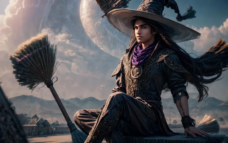 masterpiece, epic, majestic, best quality, very high resolution, 8k, hdr, digital photography, dynamic pose, distinguished 21 years old (male Indianian:1.2) warrior-monk, black eyes, (medium brown hair, clean-shaven:1.1), looking at camera with a easygoing expression, looking away, solo, establishing shot, detailed background, (<lora:GlyphTech:0.5>, glyphs, magic circle, glyphtech theme:1.1), light smile, witch hat, witch, (glowing eyes:1.1), hair flowing in the wind, purple trimmed light colored clothes, (full body:1.3), (sitting on flying broomstick:1.2), (holding broom:1.4), (open sky in background:1.1),, colorful swirling spell in the air, swirling portal, witching hour, fog, mysterious atmosphere,, (iridescent:0.7), (transparent:0.8), (translucid:0.8), (reflection:0.6), (refraction:0.3), (diffraction:0.3), (caustics:0.3), volumetric lights, volumetric shadows, (subsurface scatering:0.4), physically based rendering, (intricate details:1.3), hyperdetailed, ultrarealistic, (sharp focus:1.2) <lora:hyperdenoiser_v090:1.5> <lora:add_detail:1.5>