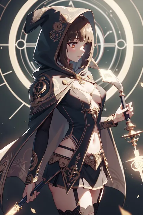 miniskirt, revealing clothes, looking away, ready for battle, magic, from side, <lora:GlyphTech:1> , glyphtech, glyphs, symbols, hologram, holding mage staff, garter belt, thighhighs, hood up, cape, casting spell,, 1girl, medium breasts, brown hair, masterpiece, detailed, beautiful,(blunt bangs), straight hair,