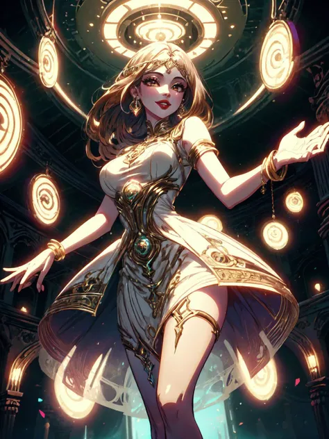 best quality,<lora:add_detail:0.25>, (1girl, solo, adult female, mature female), <lora:concept_goodHands:1>, <lora:detailed_eyes:1>,
<lora:style_glyphTech_(glyphtech--glyphs--hologram--scifi):1>,
[muscular, biceps],  lithe body, leg muscles, thigh muscles,
orange hair, half-up half-down hairstyle, long hair, dark brown eyes eyeliner, 
<lora:style_artDecoAI_(artdecoai):0.5>, artdecoai, art deco, art deco background, (glyphtech ballroom background, ballroom:1.1), glyphtech gown, smile, lipstick,