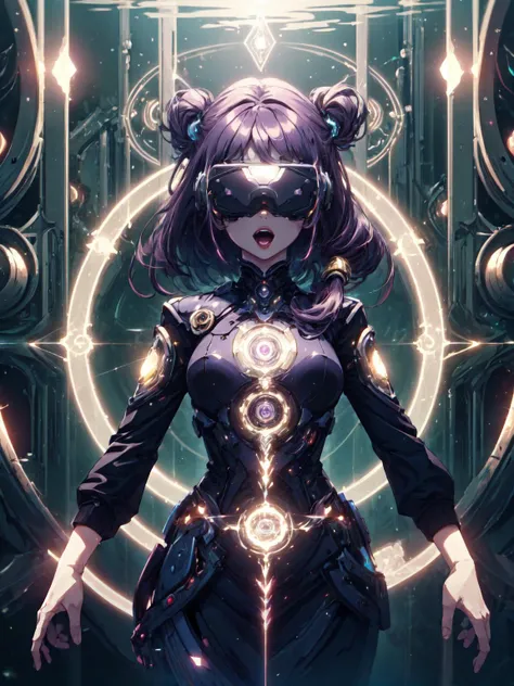 best quality,<lora:add_detail:0.25>, (1girl, solo, adult female, mature female), <lora:concept_goodHands:1>, <lora:detailed_eyes:1>,
<lora:style_glyphTech_(glyphtech--glyphs--hologram--scifi):1>, glyphtech, glyphs, hologram, scifi,
dark purple hair, straight hair, long hair, amber eyes,
<lora:concept_headMounted_(head-mounted display):1>, head-mounted display, open mouth, awe,