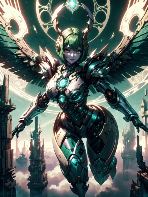 best quality,<lora:add_detail:0.25>, (1girl, solo, adult female, mature female), <lora:concept_goodHands:1>, <lora:detailed_eyes:1>,
<lora:style_glyphTech_(glyphtech--glyphs--hologram--scifi):1>,
dark green hair, pixie bob haircut, long hair, peach eyes,
<lora:concept_AMechaSSS[color_theme,mecha musume, mechanical parts,robot joints,headgear]:0.6>, mecha musume, glyphtech mecha musume armor,  glyphtech wings, glyphtech helmet, smile, (flying, blue sky, glyphtech city, outside), super armor, bulky armor,