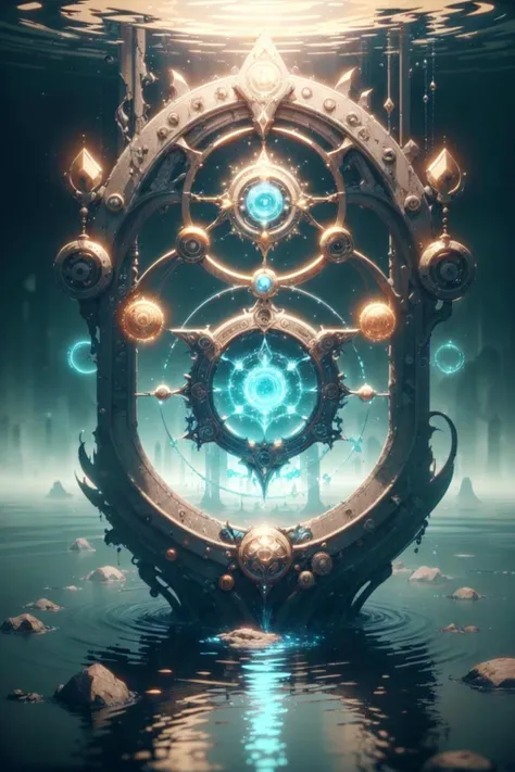 <lora:GlyphTech:.75>, glyphtech ,hologram, glyphs, symbols, Water, messy environment