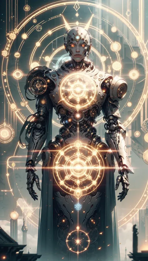 glyphtech, scifi cyborg monk wearing orange robes, yogi, vedic mystery symbols, levitating over magic circle in front of temple,pine forest, <lora:MG_jijia:0.5> <lora:GlyphTech:1>