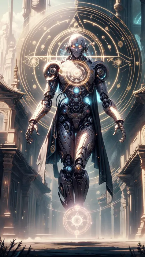 glyphtech, scifi cyborg monk wearing orange robes, yogi, vedic mystery symbols, levitating over magic circle in front of temple,pine forest, <lora:MG_jijia:0.5> <lora:GlyphTech:1>