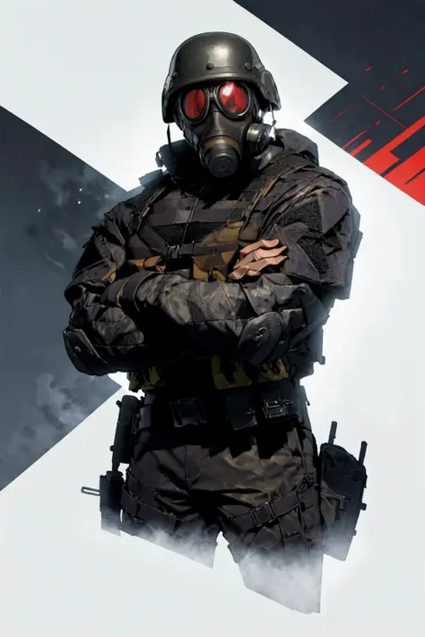 best quality, Mature male, arms crossed, <lora:HUNK:.9> HUNK, helmet, goggles, tactical gear, holding weapon, submachine gun,