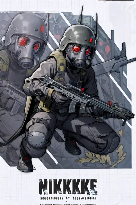 best quality, <lora:NikkeProfile:1> IncrsNikkeProfile, full body, male focus, zoom layer, holding weapon, holding gun, h&k mp5, one knee, <lora:HUNK:.87> HUNK, helmet, red goggles, gas mask, gloves,