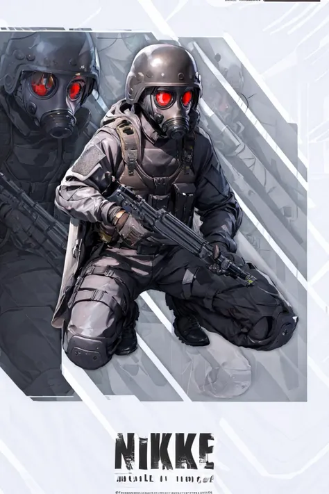 best quality, <lora:NikkeProfile:1> IncrsNikkeProfile, full body, male focus, zoom layer, holding weapon, holding gun, h&k mp5, one knee, <lora:HUNK:.8> HUNK, helmet, red goggles, gloves,