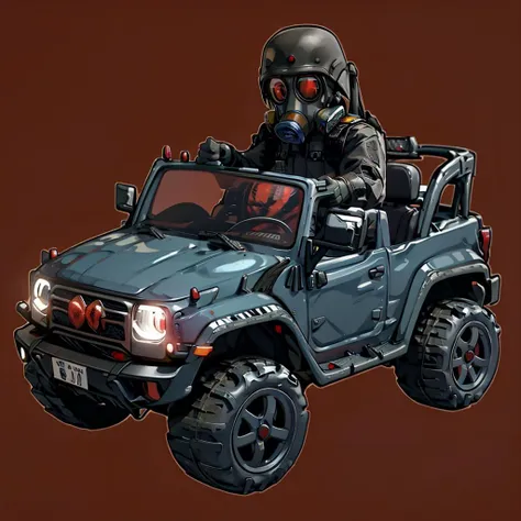 masterpiece, solo, male focus, profile, HUNK, (red goggles, gas mask:1.2), gloves, driving miniature car, black car, H2 Hummer, <lora:HUNK:.8> <lora:kids_car-v5:0.85> <lora:easy_sticker:0.8> sticker, solid outline, simple background,