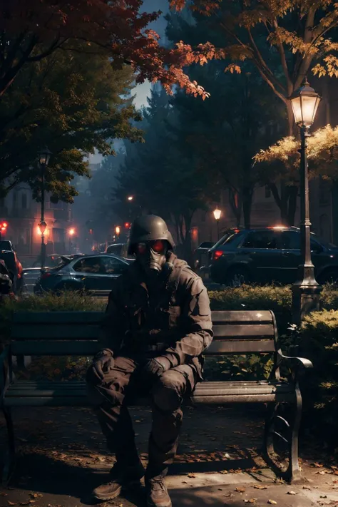 hunk, looking at viewer, sitting, on bench, trees, changing season, summer to fall, 
outside, park, night, street lamp, creepy ambiance, hdr, extreme detail, <lora:HUNK:.8>