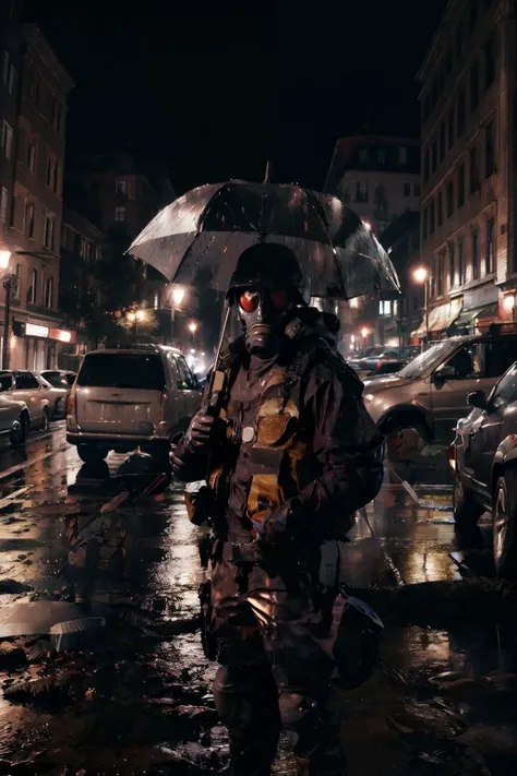 hunk, standing in the rain, holding umbrella, looking at viewer,
outside, city market, night, creepy ambiance, hdr, extreme detail, <lora:HUNK:1>