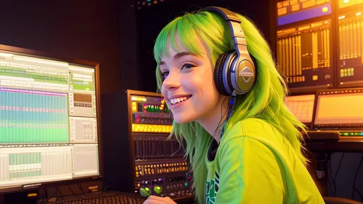 (22 years old:0.9) (BillieEilish:0.8), (brunette:0.9), green tip dye, mixing headphones, sitting on a gaming chair,
in a soundproof recording studio, computer screens, absorbing panels, Digital Audio Workstation, Microphones and Stands, Mixing Board, Sound Baffles,
Headphones.
Studio Speakers.
Instruments.
(grin:0.9), (showing all teeth:0.9)