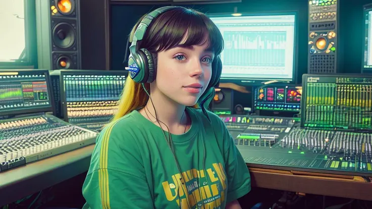 (22 years old:0.9) (BillieEilish:0.8), (brunette:0.9), green tip dye, mixing headphones, sitting on a gaming chair, 
in a soundproof recording studio, computer screens, absorbing panels, Digital Audio Workstation, Microphones and Stands, Mixing Board, Sound Baffles, 
Studio Speakers.
Instruments.
(grin:0.9)