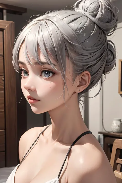 (masterpiece, best quality), 1girl, Slate gray Messy Bun with Face-Framing Strands, flat chest, <lora:oppai-001:1>