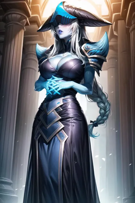 <lora:Lissandra_Default:1>,lissandra, 1girl, blue skin ,helmet, long dress, pauldrons,(single braid:1.3),white hair, helmet over eyes,long braid,white,purple lips,light blue gloves,armor,blue pauldrons,blue long dress,thick lips,cleavage,elegant,dark blue ice, cowhorn shoulder armor, queen,sacred,mature female, (elegant in manner,noble etiquette:1.2),medium breasts,(standing), (hands overlap),(hands on the underbelly:2), stiff skin,, (masterpiece:1.4), ((ultra detailed)), ((highest quality,best quality)), digital art, ((stunningly beautiful)), beautiful eyes, beautiful body, dynamic pose, volumetric light, cinematic lighting, dramatic lighting, (ornate), intricate, highly detailed, sharp focus, hyper realistic, lumen reflections, trending on artstation, award winning, fascinating, RAW photo, highres, 4k, studio quality, 8k uhd,ultra 8k high definition,HDR,beauty, amazing, eos,OverallDetail, <lora:more_details:0.7>, <lora:improve_backgrounds:0.85>,