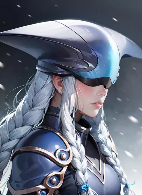((best quality)), ((highly detailed)), masterpiece, absurdres, (detailed eyes, deep eyes), (1girl), upper body, <lora:Lissandra_Default:.9>, lissandra, white hair, braid, blue skin, (helmet, helmet over eyes, covered eyes), long dress, pauldrons, ice, snow