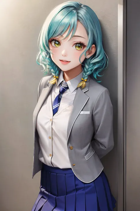 (masterpiece, best quality:1.2), <lyco:bangdream_hikawa-11:1.0>, cowboy shot, solo, 1girl, hikawa hina, smile, looking at viewer, arms behind back, side braids, twin braids, hair bow, school uniform, grey jacket, necktie, blue skirt