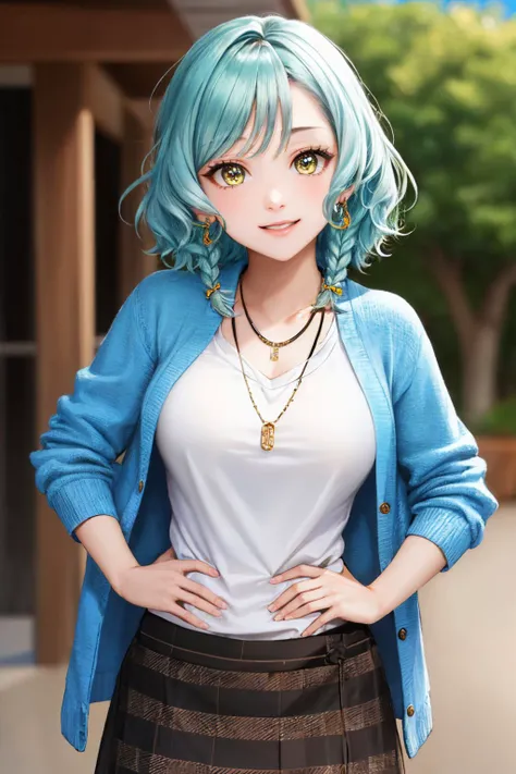 (masterpiece, best quality:1.2), <lyco:bangdream_hikawa-11:1.0>, cowboy shot, solo, 1girl, hikawa hina, smile, looking at viewer, hand on hip, side braids, twin braids, hair bow, blue cardigan, plaid, dress, jewelry, necklace