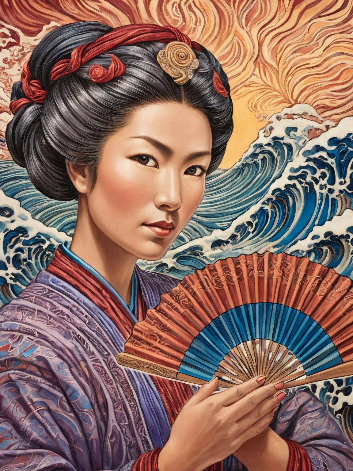 a woman holding a fan, Amanda Sage style, <lora:last-000002:0.79>,
utagawakuniyoshixl, <lora:UtagawaKuniyoshiXL_v1:0.36>, wave,
bold colors, high contrast, extremely detailed, high quality, highly detailed,