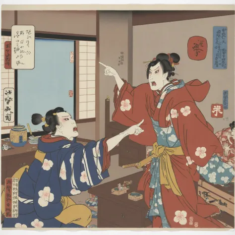 utagawakuniyoshixl <lora:UtagawaKuniyoshiXL_v1:1> a woman in a kimono is scolding a young man for his messy room, yelling, pointing