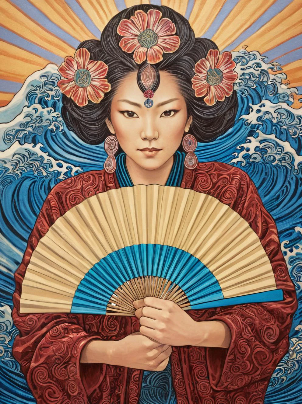 a woman holding a fan, Amanda Sage style, <lora:last-000002:0.75>,
utagawakuniyoshixl, <lora:UtagawaKuniyoshiXL_v1:0.38>, wave,
bold colors, high contrast, extremely detailed, high quality, highly detailed,