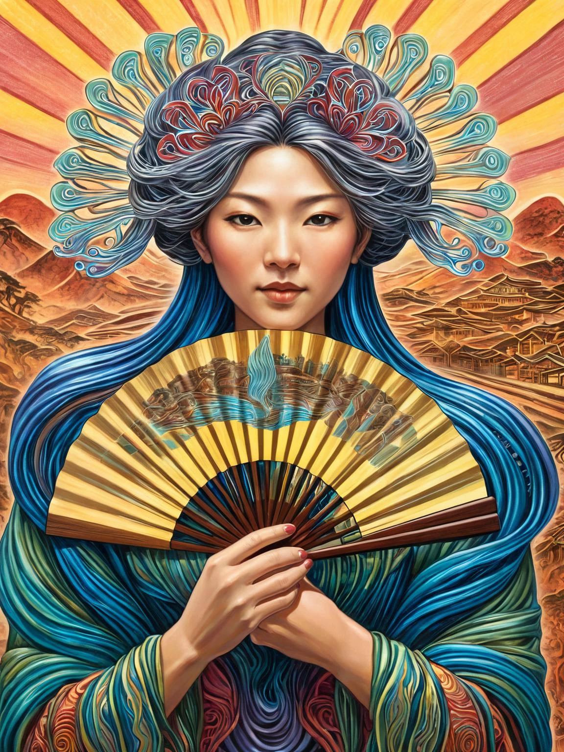 a woman holding a fan, Amanda Sage style, <lora:last-000002:0.79>,
utagawakuniyoshixl, <lora:UtagawaKuniyoshiXL_v1:0.38, (wave:0.15),
bold colors, high contrast, extremely detailed, high quality, highly detailed,
