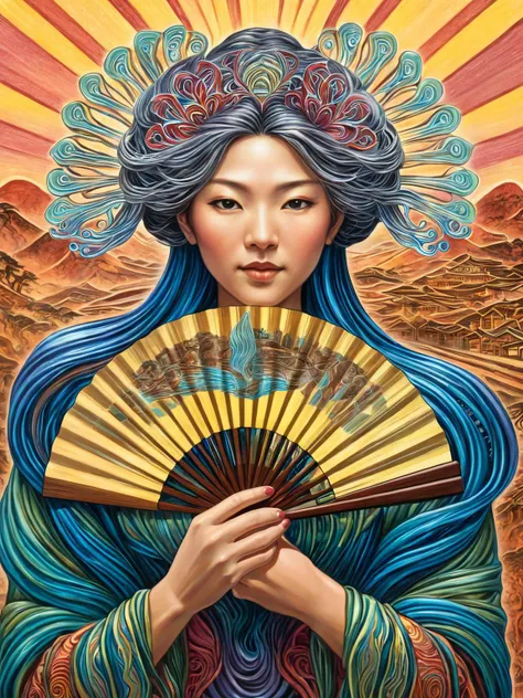 a woman holding a fan, Amanda Sage style,  <lora:last-000002:0.79>,
utagawakuniyoshixl,  <lora:UtagawaKuniyoshiXL_v1:0.38, (wave:0.15),
bold colors, high contrast, extremely detailed, high quality, highly detailed,