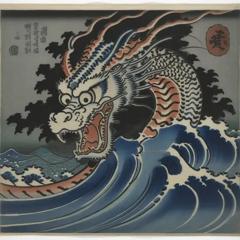 utagawakuniyoshixl, a dragon is attacking a wave in a painting <lora:UtagawaKuniyoshiXL_v1:1>
