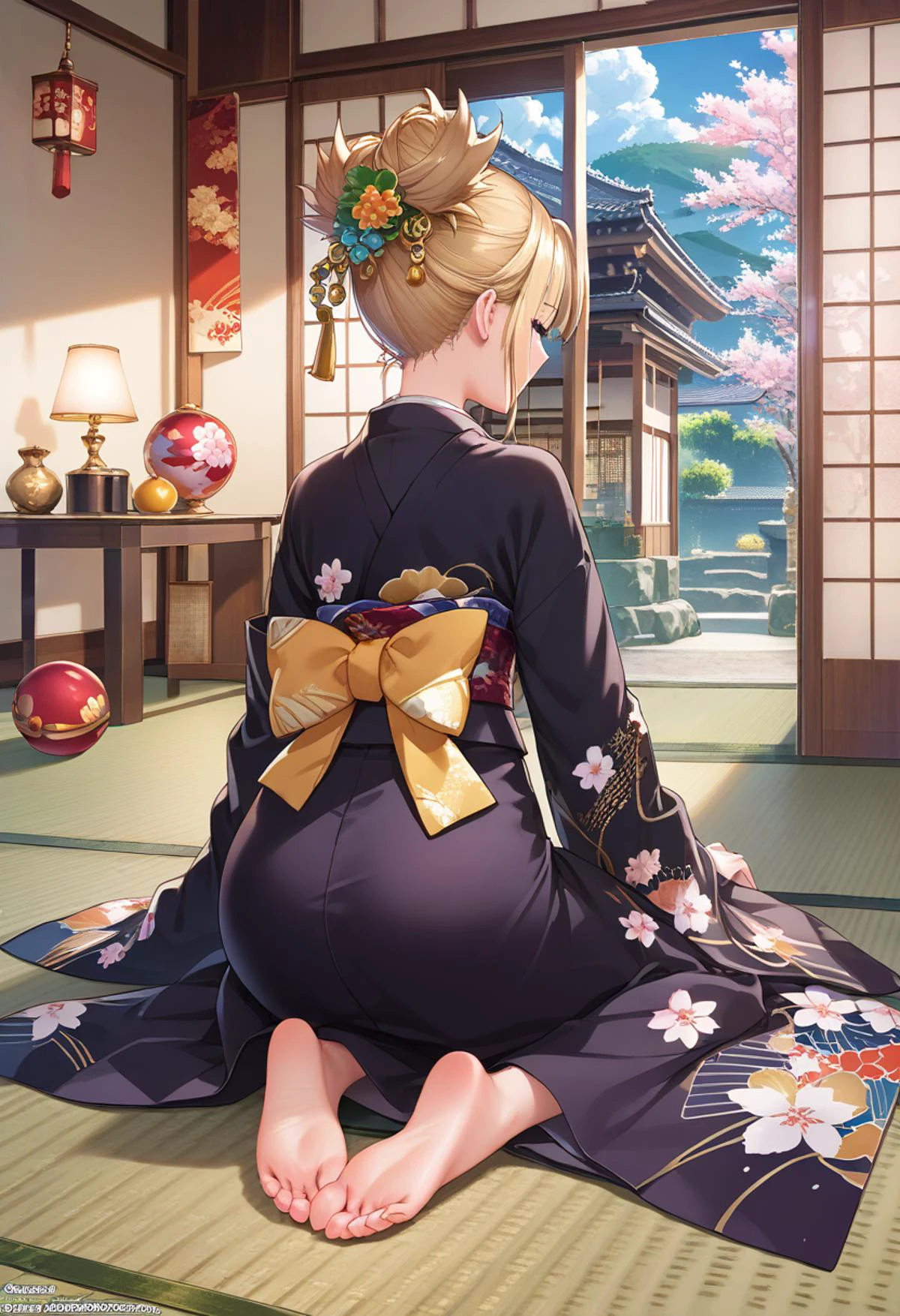 score_9, score_8_up, score_7_up, source_anime, official art, cg, detailed background,
tatami, 1girl, japanese clothes, from behind, luxury kimono,
black kimono, cherry blossom print, open kimono, beautiful,
zarei, seiza, full body, sitting, close legs, temari ball,