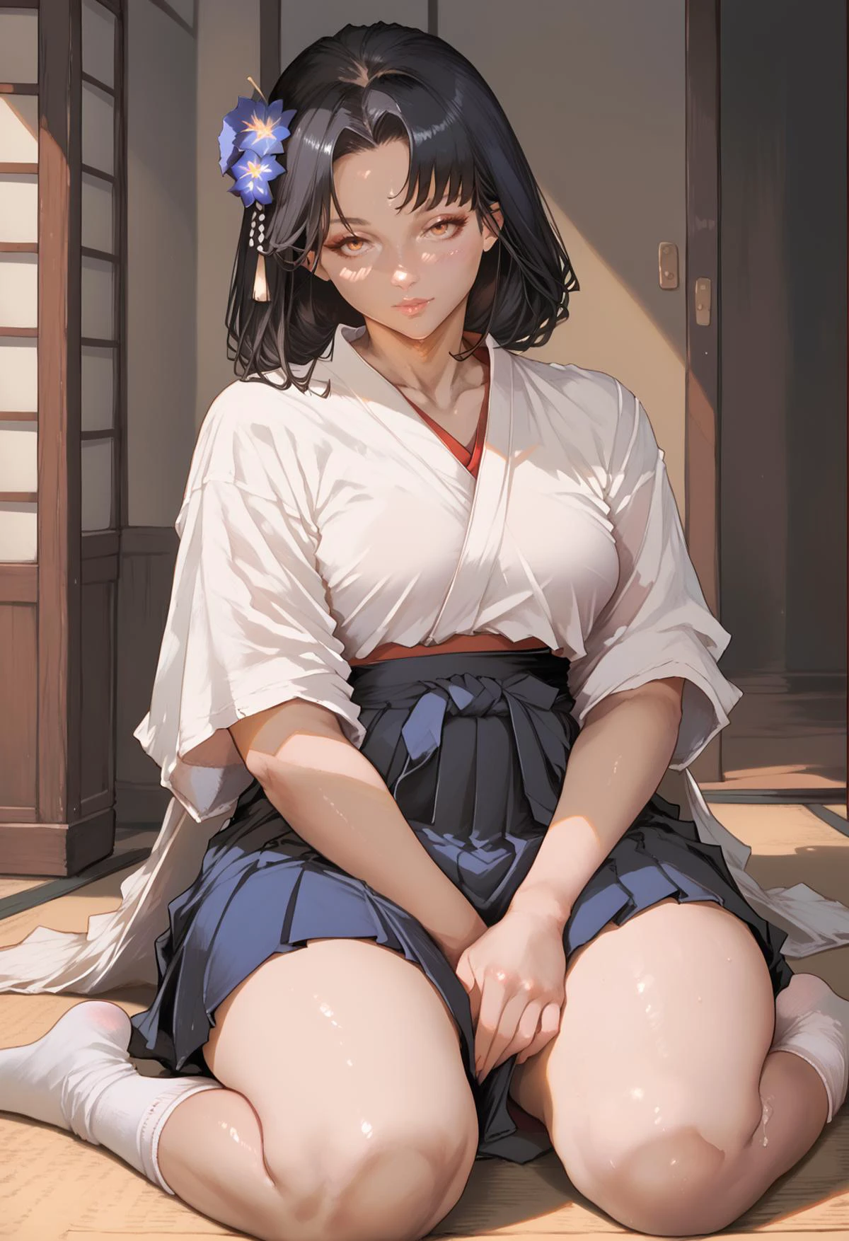 score_9, score_8_up, score_7_up, score_6_up, uncensored,
1girl, thick thighs, black hair, flower, hair flower, hair ornament, hakama skirt, indoors, japanese clothes, socks, solo, zarei,
<lora:NAIV3-_MOcase_style:1> mocasestyle, <lora:zarei_Pony_V1.0:1>