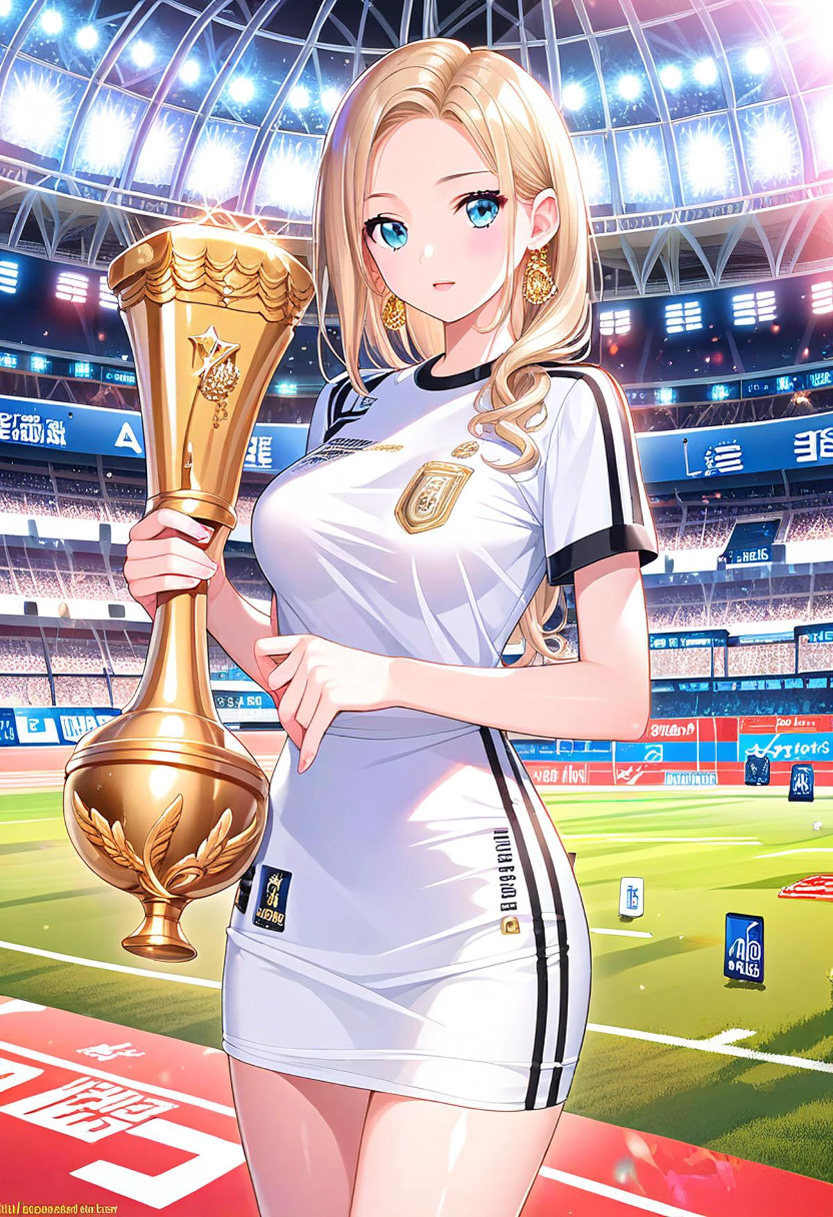 score_9, score_8_up, score_7_up, source_anime, official art, cg, detailed background,
1girl, japanese girl, stadium, (real madrid), soccer, soccer uniform,
cowboy shot, beautiful face, huge trophy lifted up,
(white uniform, black print shirt, real madrid emblem, fly emirates,
short sleeves, t-shirt, gold shoulder line,)
