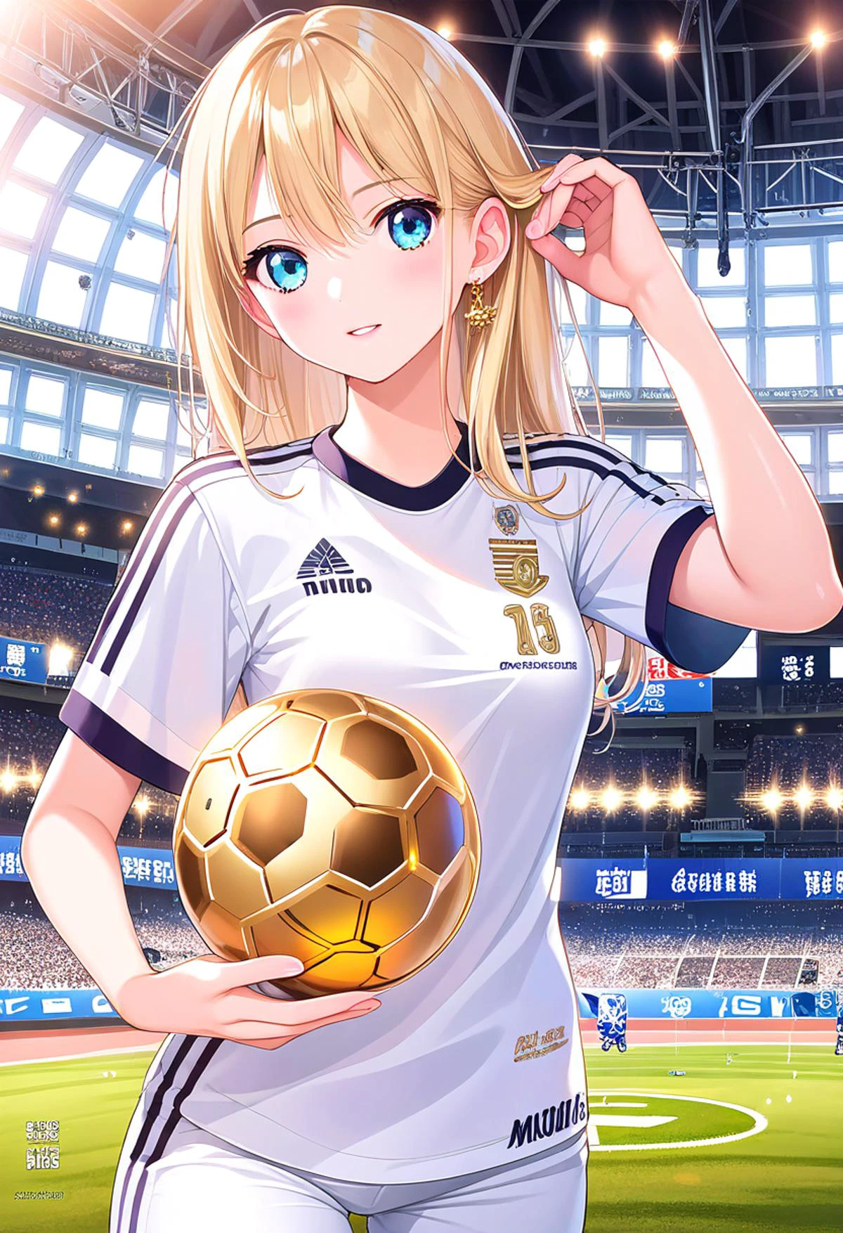 score_9, score_8_up, score_7_up, source_anime, official art, cg, detailed background,
1girl, japanese girl, stadium, (real madrid), soccer, soccer uniform,
cowboy shot, beautiful face, huge trophy lifted up,
(white uniform, black text print shirt, real madrid emblem, fly emirates,
short sleeves, t-shirt, gold shoulder line,)
