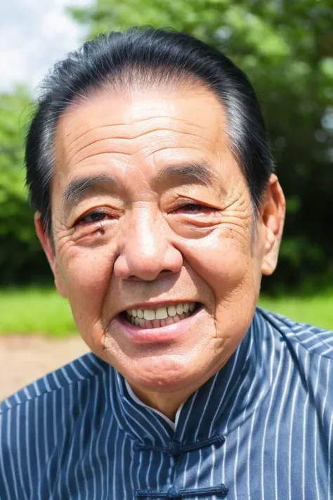 Best quality, masterpiece, ultra high res, (photorealistic:1.4), detailed face, (Cheongsam1.1), (big black eyes:1.2),grassy meadow, tall trees, blue sky, happy atmosphere, vibrant colors, diagonal shot, looking at viewer, deep shadow, low key, old man, 80 years old <lora:deng_20230612221942:0.8>