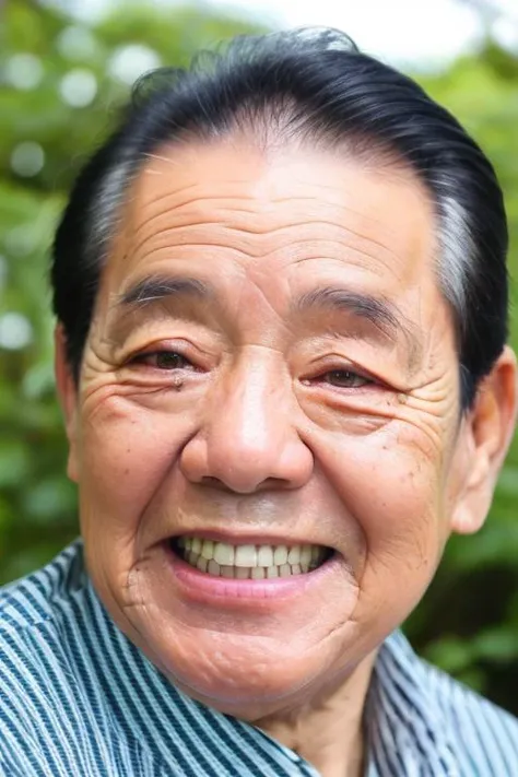 Best quality, masterpiece, ultra high res, (photorealistic:1.4), detailed face, (Cheongsam1.1), (big black eyes:1.2),grassy meadow, tall trees, blue sky, happy atmosphere, vibrant colors, diagonal shot, looking at viewer, deep shadow, low key, old man, 80 years old <lora:deng_20230612221942:0.8>