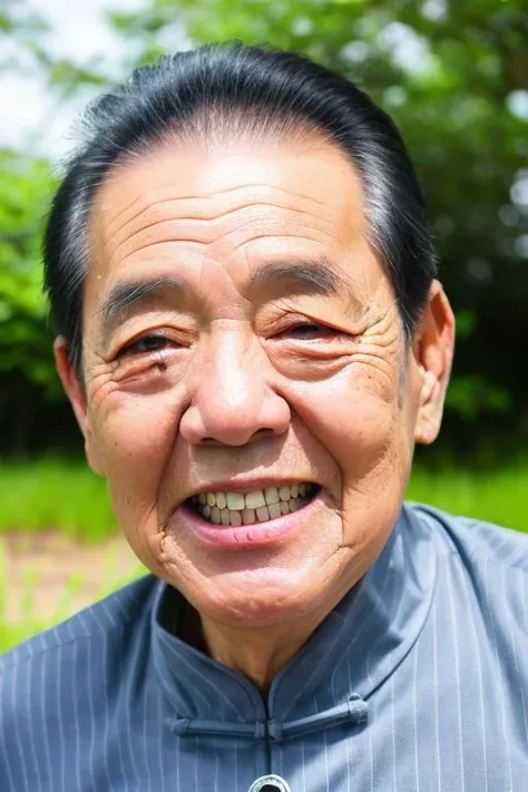 Best quality, masterpiece, ultra high res, (photorealistic:1.4), detailed face, (Cheongsam1.1), (big black eyes:1.2),grassy meadow, tall trees, blue sky, happy atmosphere, vibrant colors, diagonal shot, looking at viewer, deep shadow, low key, old man, 80 years old <lora:deng_20230612221942:0.8>