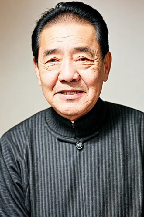 best quality, masterpiece, Asian men,mole, solo, lips, grey_background, mole_under_eye, realistic, upper_body, looking_at_viewer, black_hair, brown_eyes, sweater, forehead, nose, turtleneck, old man, 65 yeas old, <lora:deng_20230612221942:0.8>