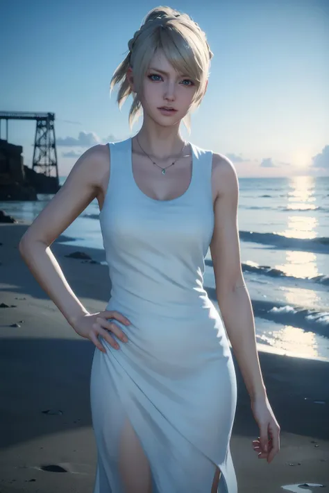 realistic, realism, photorealism, photo-realistic, high contrast, (photorealistic:1.4), 8k high definition detailed realistic, NSFW,(best quality, masterpiece:1.2), photon mapping, radiosity, physically-based rendering, best quality, highly detailed, 1girl,fflunafreya, outdoors,sea, beach, hand on hip,