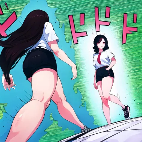 Highly detailed, High Quality, Masterpiece, beautiful, ApproachingMe, <lora:ApproachingMe:1>, 2girls, red eyes, black hair, long hair, shirt, white shirt, shorts