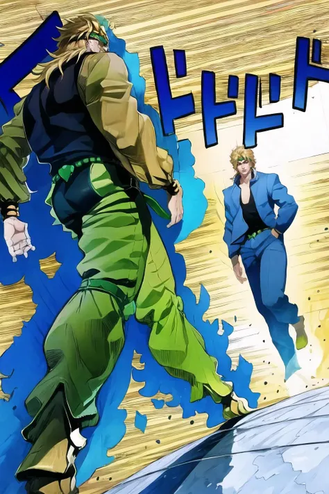 Highly detailed, High Quality, Masterpiece, beautiful, ApproachingMe, <lora:ApproachingMe:1.0>, 2boys, dio, jacket, pants, headband, <lora:Char_Sigmas_Dio:0.9>