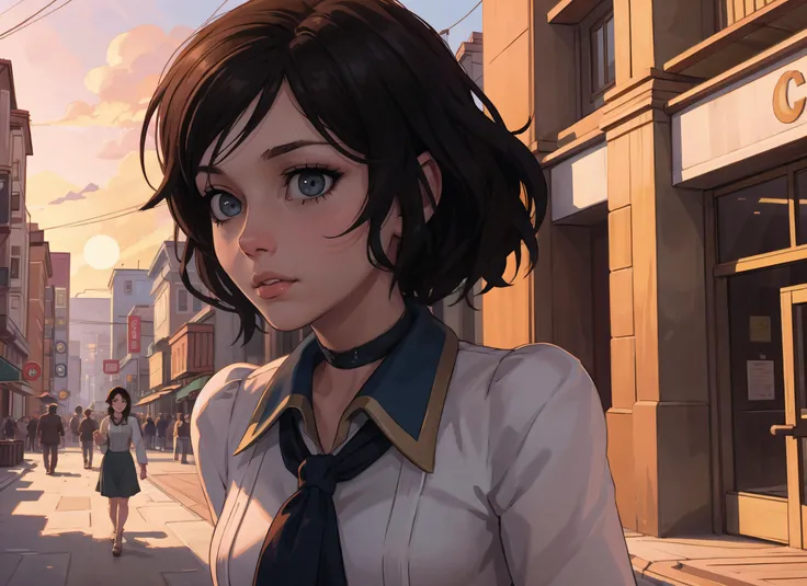(masterpiece, top quality, best quality, official art, beautiful and aesthetic:1.2), (1girl:1.3), bioshockelizabeth, black choker, medium close up, curious, wondering, amazed, looking away, looking to the side, dynamic, action scene, movement, windy, extremely detailed, colorful, (highly detailed CG illustration), (looking at viewer), cinematic light, solo, half body, (character focus), outside, sunset, during golden hour <lora:bioshockelizabeth:.5>
