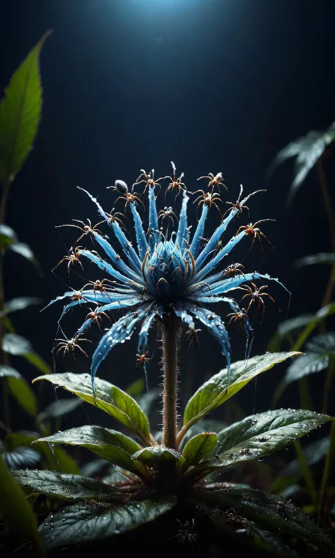 a colorful glowing mystical (blue:1.4) ais-spiderz flower seedling, jungle, bokeh, light leak, lens flare <lora:Spiders_Style_SDXL:1>, ultrarealistic, ultra detailed, macro photography, night, fireflies, complex geometry, cosmic art