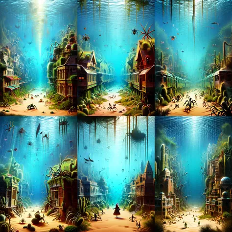 (otherworldly, otherworldly atmosphere, otherworldly appearance), highly insanely detailed, masterpiece, top quality, best quality, highres, 4k, 8k, RAW photo, collar, earrings, jewelry, necklace, armlet, 
(long_hair, long hair, random colors cloth, random colors hair, random long hair, dynamic hair, glowing hair, hair over one eye), 
(eyelashes, eyeliner, eyeshadow, eyelashes), 
pink lipstick, 
natural makeup, 
((ancient egyptian theme:1.2)), golden ornaments, 
1girl, (portrait:0.4), nsfw, 
((desert, Mexico, cacti, underwater)), 
Middle Earth, 
long messy hair, 
1girl, 
a large fantasy dwarf settlement underground, magical lights, forge and furnace, 
(moss vines), 
A bustling train station at rush hour, with people hurrying to their destinations, ais-spiderz crawling over the platforms and trains, creating a dynamic yet slightly surreal scene , <lora:Spiders_Style:0.8>, 
mandala, (fantasy world)