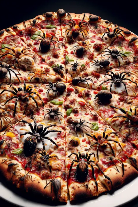 Ais-spiderz on a pizza, in a bustling pizzeria <lora:Spiders_Style_SD1.5:1>