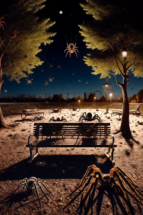 Ais-spiderz on a park bench, in a moonlit park<lora:Spiders_Style_SD1.5:1>